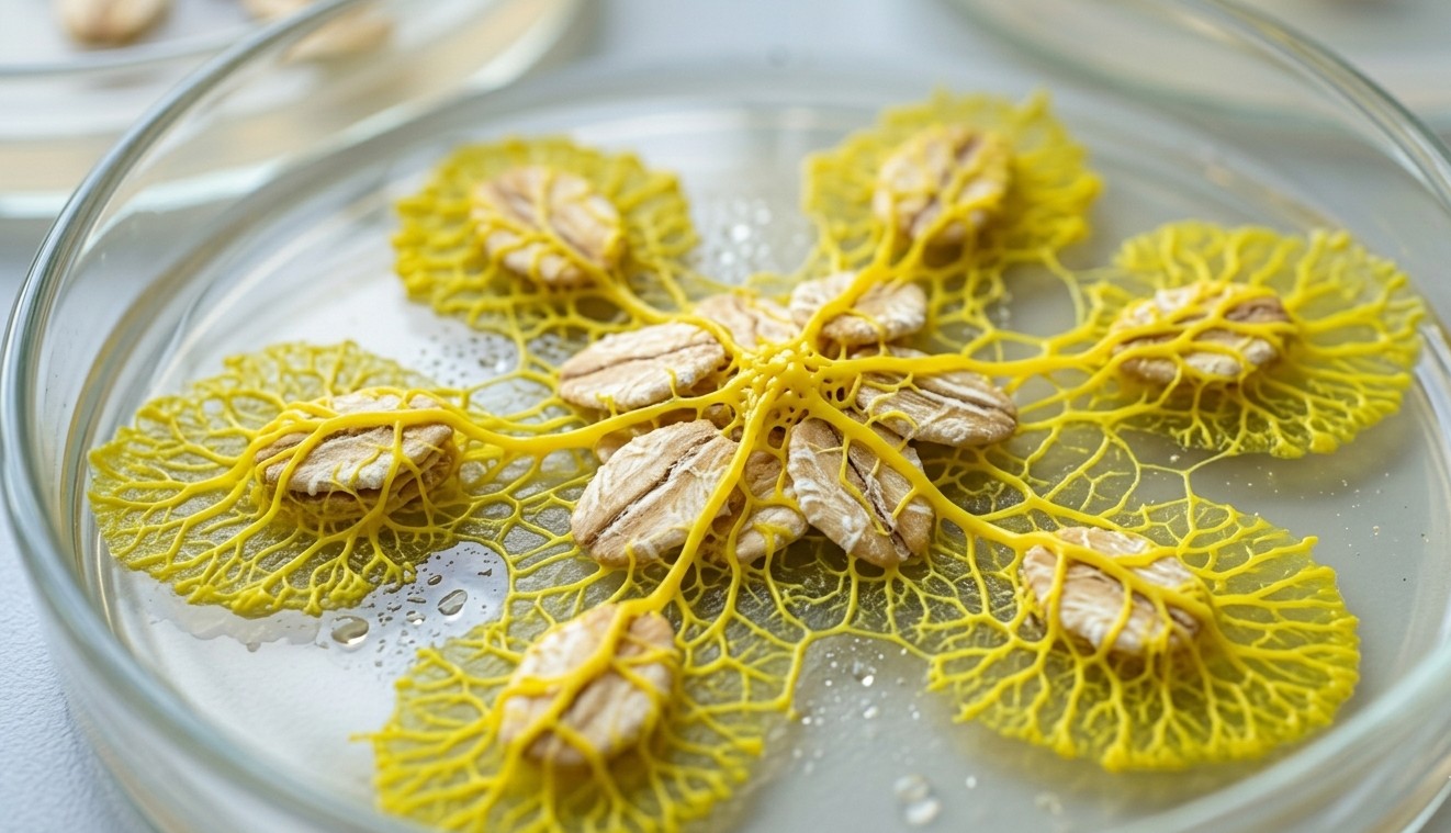 Blob jaune formant un reseau de veines autour de flocons d avoine dans une boite de Petri