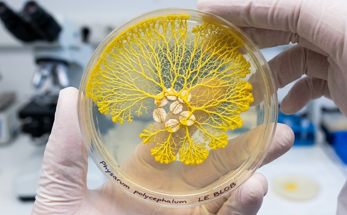Physarum polycephalum dans une boîte de Petri tenue en laboratoire