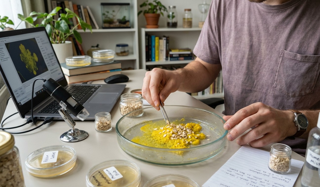 Setup d elevage de blob a la maison avec boites de Petri, flocons d avoine et loupe