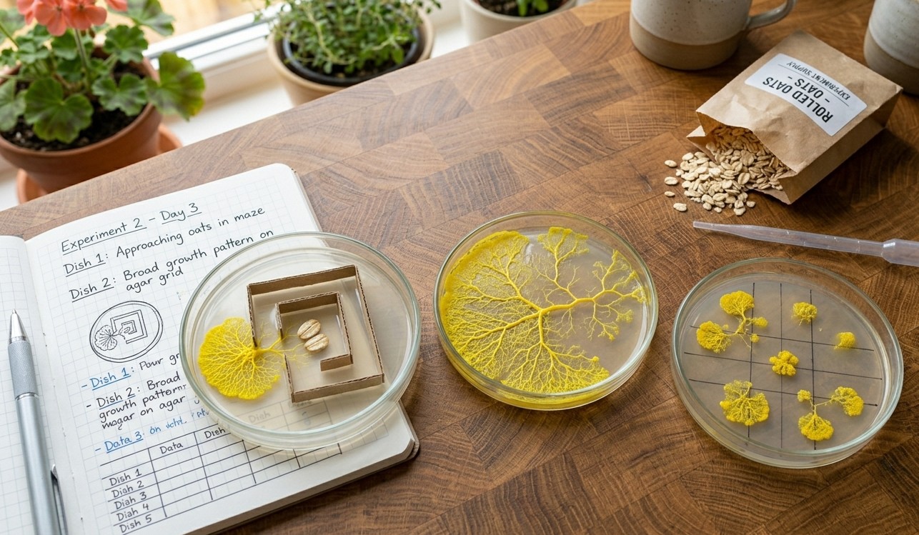 Plusieurs boites de Petri avec Physarum polycephalum sur un bureau avec carnet de notes et flocons d avoine