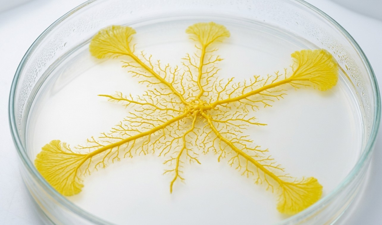 Physarum polycephalum avec de longs filaments jaunes etires en etoile dans une boite de Petri