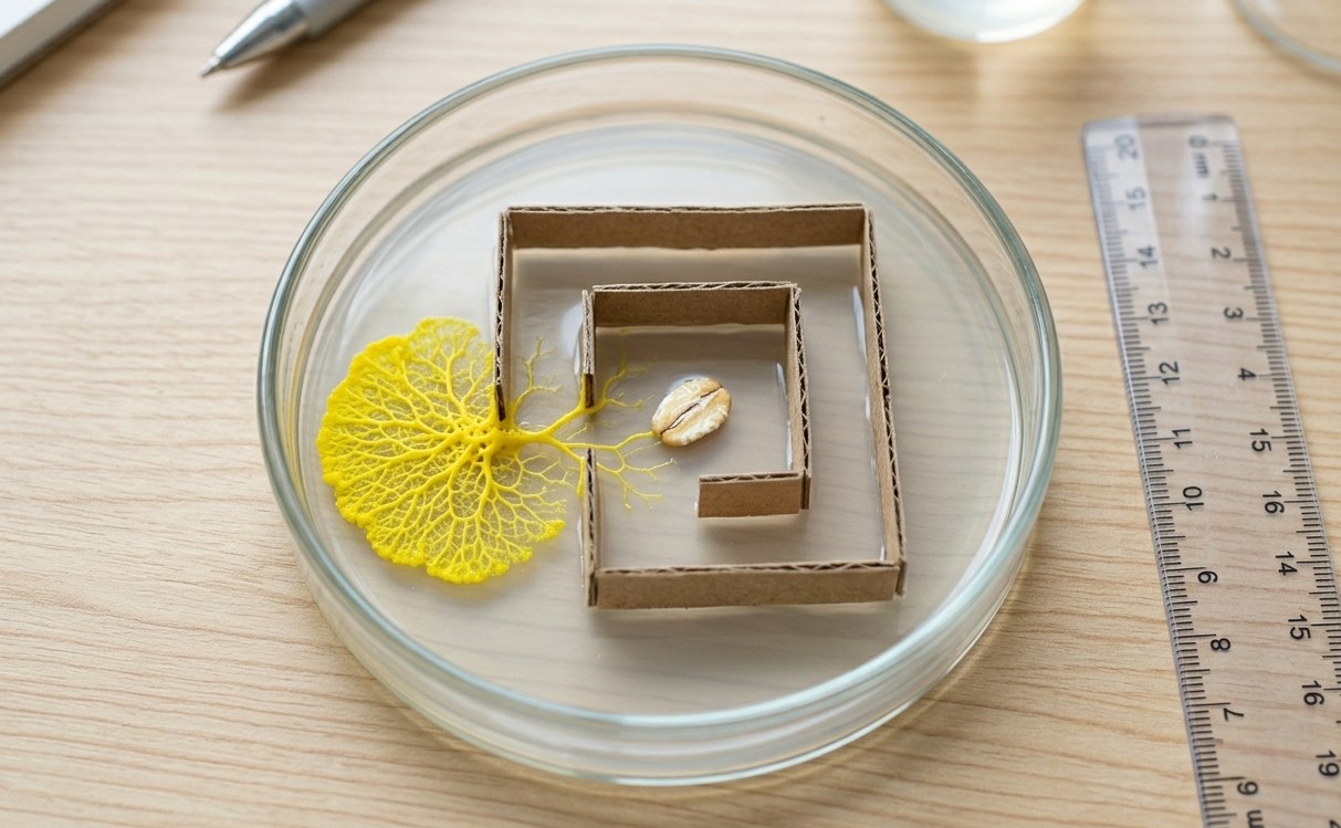 Labyrinthe en carton dans une boite de Petri avec Physarum polycephalum a l entree et un flocon d avoine a la sortie
