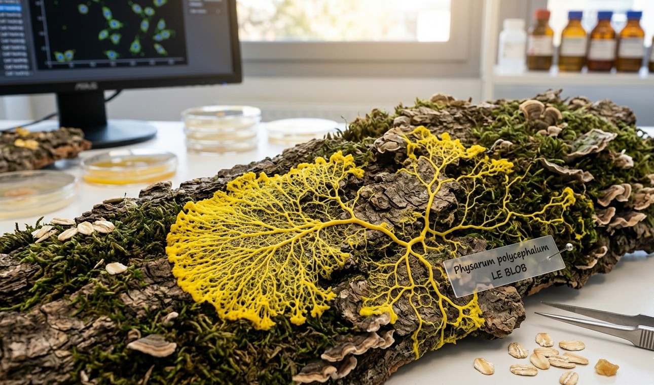 Physarum polycephalum sur un tronc avec mousse, pose sur une table de laboratoire