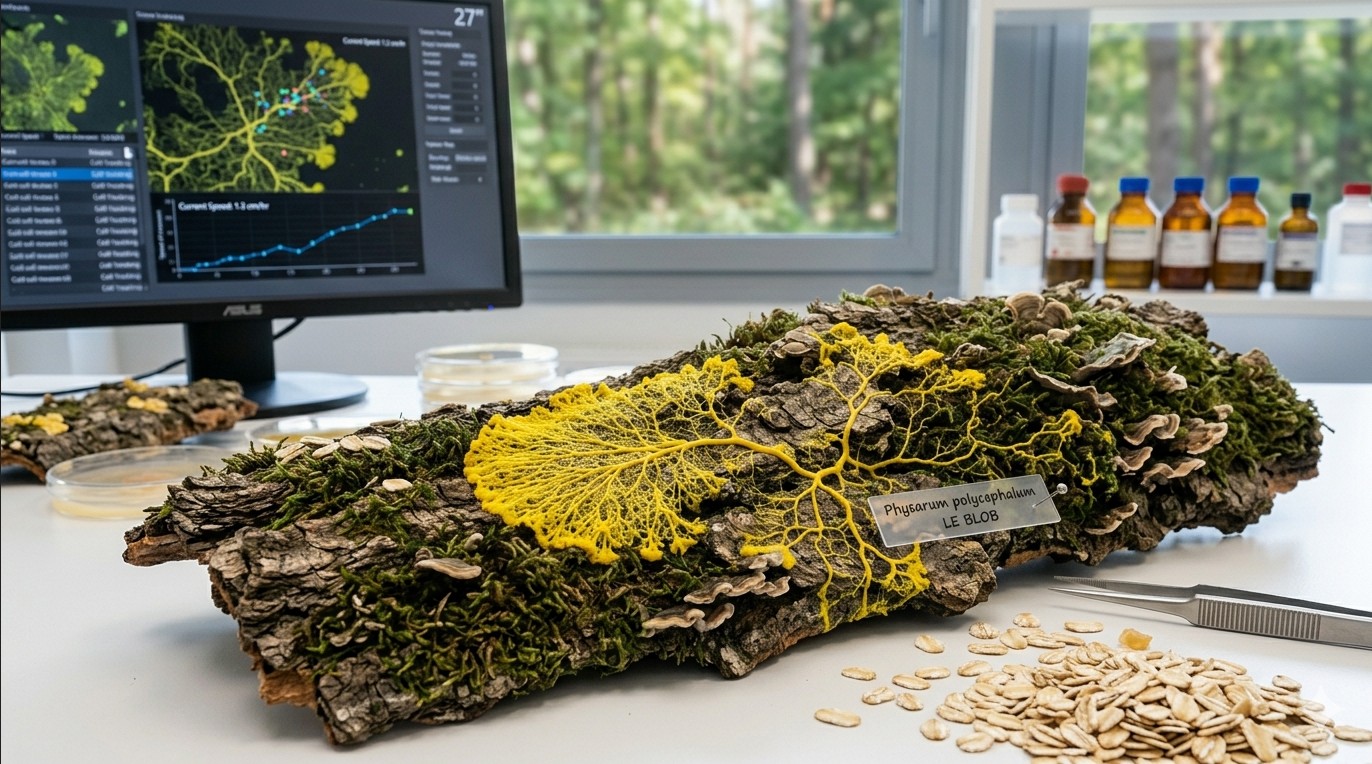 Physarum polycephalum sporangia releasing dark spores, the sexual reproduction stage of slime mold