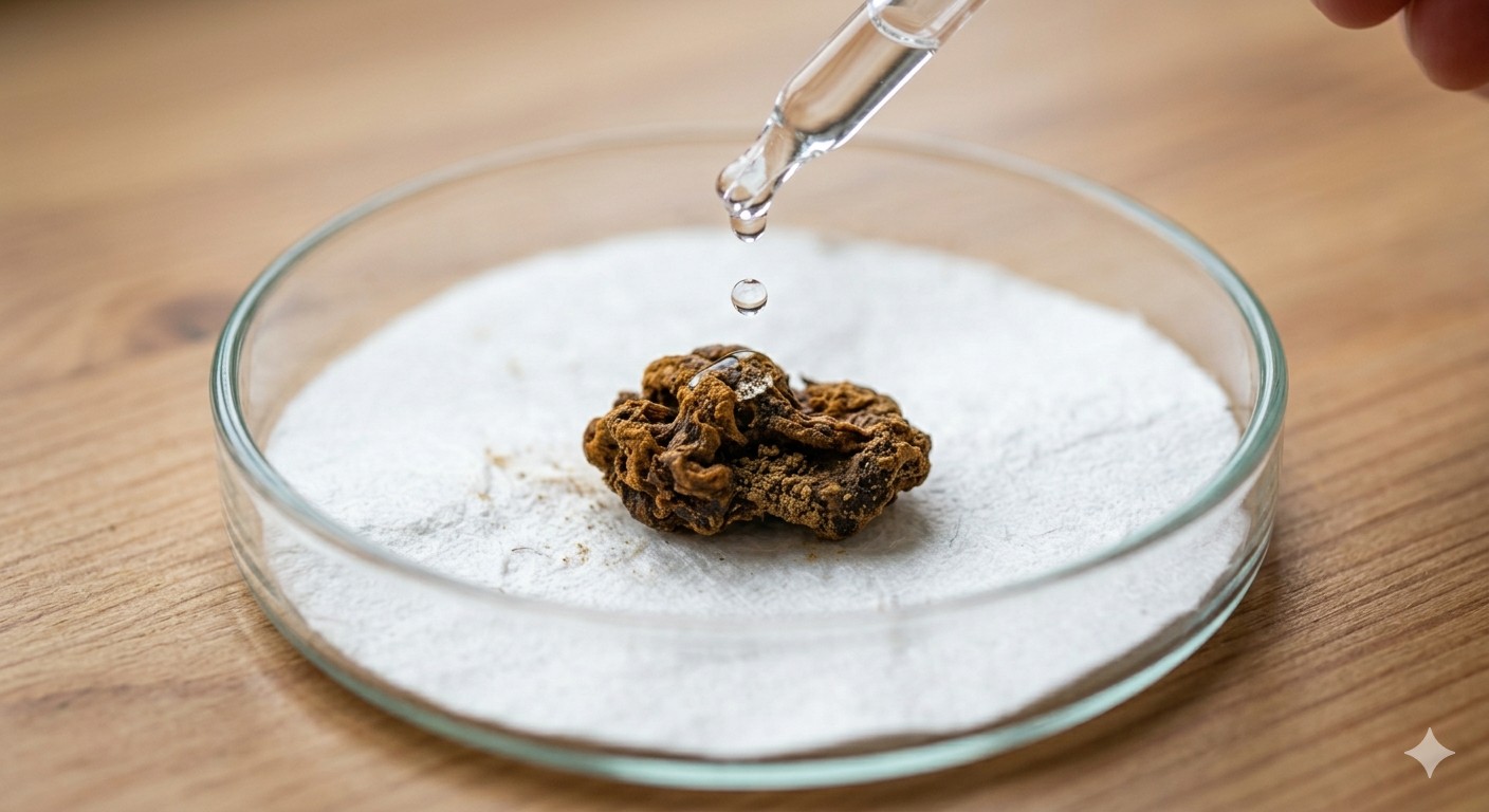 Dried slime mold sclerotium being rehydrated on agar with oat flakes nearby