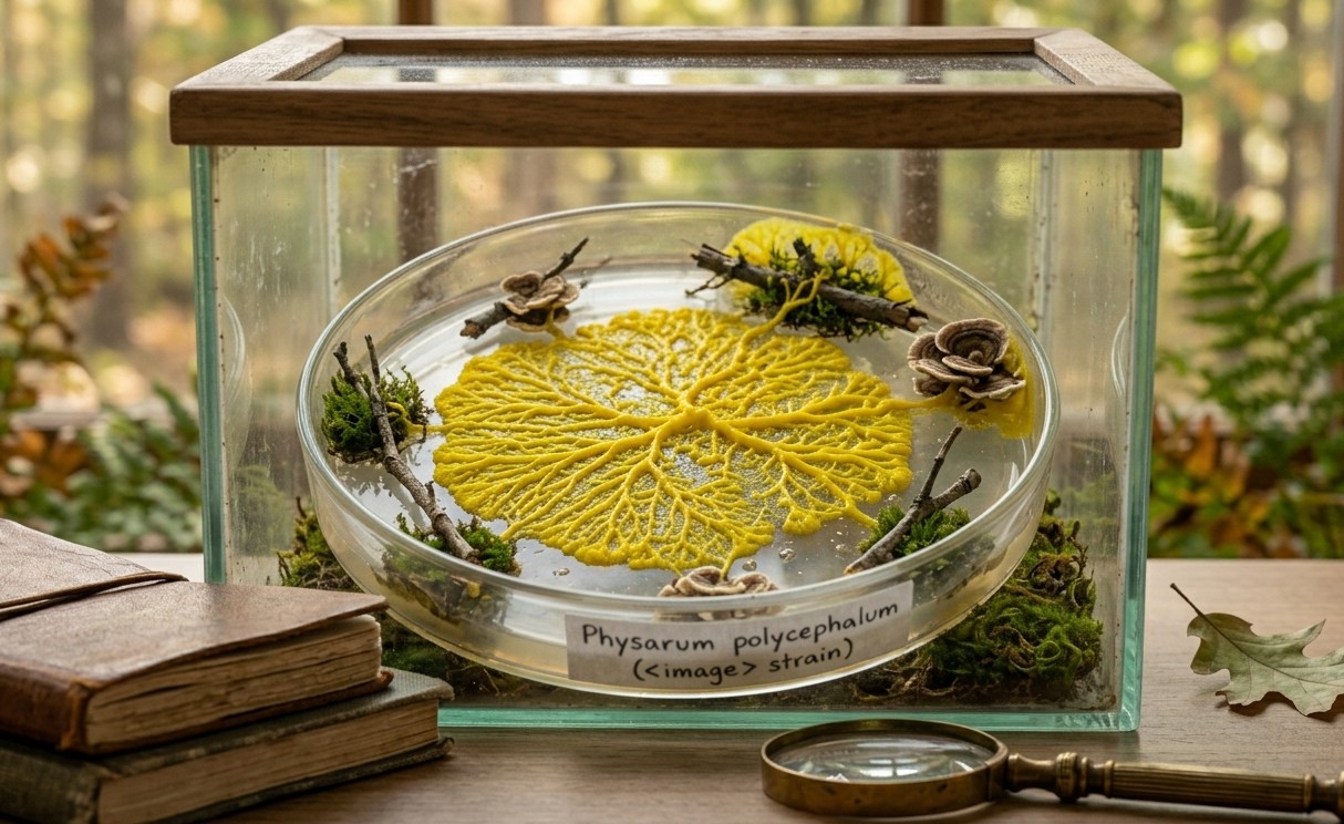 Students observing Physarum polycephalum growing in a classroom terrarium