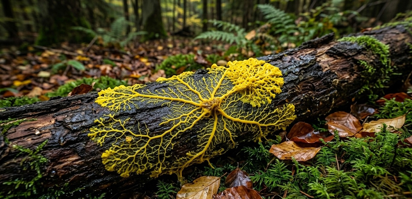 Bright yellow Physarum polycephalum growing across a decaying log in a temperate forest