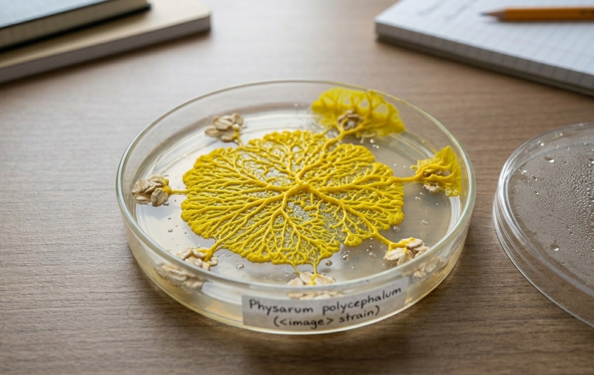 Physarum polycephalum network replicating the Tokyo rail system between oat flakes placed at station locations